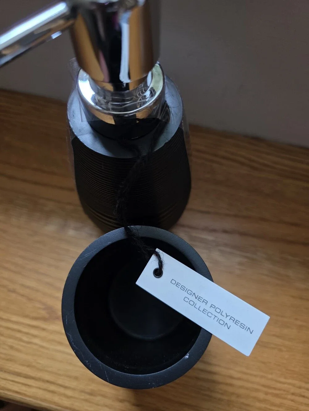 Halston Home Black Ribbed Soap Dispenser & Toothbrush Cup Holder NEW